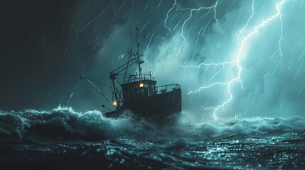 fishing boat in the middle of the ocean in a horrible rain storm lightning, AI Generative