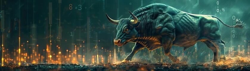 Green neon bull charging powerfully across a digital landscape filled with glowing economic graphs, epitomizing financial strength, Neon Finance, Striking green, Watercolor