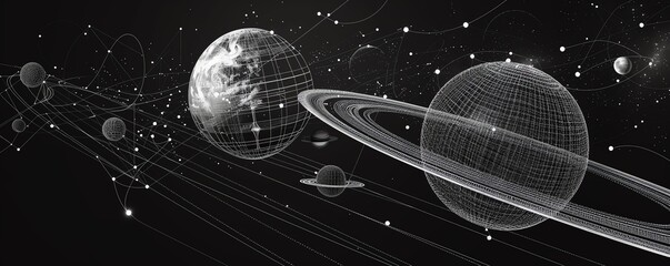 A black and white image of the solar system. The planets are made of wireframe and the background...