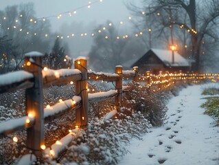 Quaint backyard setting with white fairy lights strung across rustic wooden fences and soft snowflakes falling, creating a magical winter wonderland
