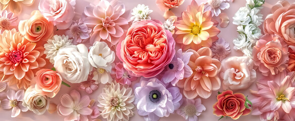 Images of colorful flowers are placed on a colorful pastel backg