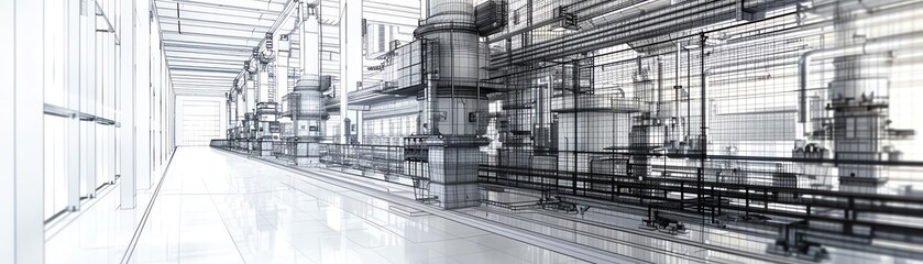 Create a realistic 3D rendering of a factory interior
