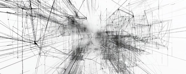 Naklejka premium Visualize a sprawling cityscape in the style of a complex network graph, with towering skyscrapers and intricate details.