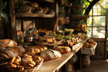 A  bakery with fresh, delicious goods in the countryside, a Blurred bakery shop in a wholesale store with fresh baked bread on wooden shelf, AI generated