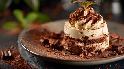 A dessert with a chocolate topping sits on a wooden plate