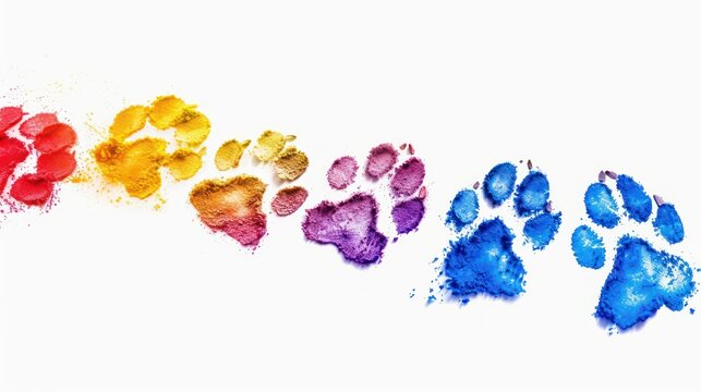 A footprints, paw print path Dog paws. Kitten. Paw prints of bright colors of animals, silhouettes on a white background.