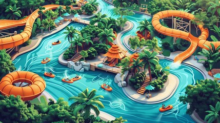 Illustrate the rush of a water park from above with dynamic water slides