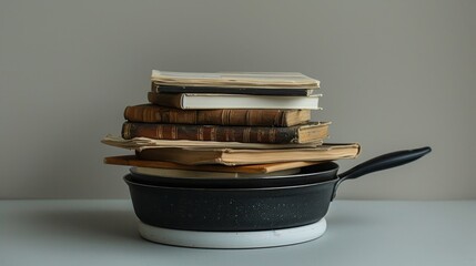 A stack of old books on top of an empty black and white enamel cooking pot on the table