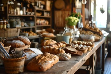 A  bakery with fresh, delicious goods in the countryside, a Blurred bakery shop in a wholesale store with fresh baked bread on wooden shelf, AI generated