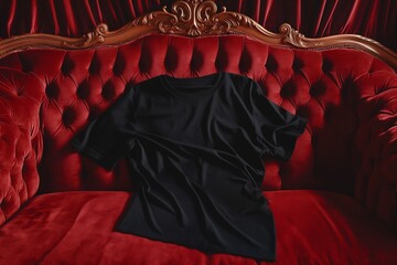 A black t-shirt draped across a luxurious red velvet couch, with soft focus on the rich texture of...