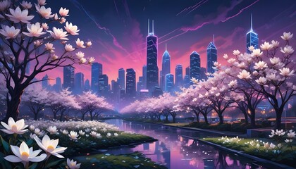 Fantasy Japanese night view city cityscape, neon light, residential skyscraper buildings, pink cherry sakura tree. Night urban anime fantasy
