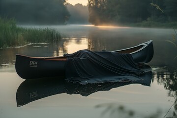 A black t-shirt draped over a canoe gently floating on a tranquil, reflective pond, with early...