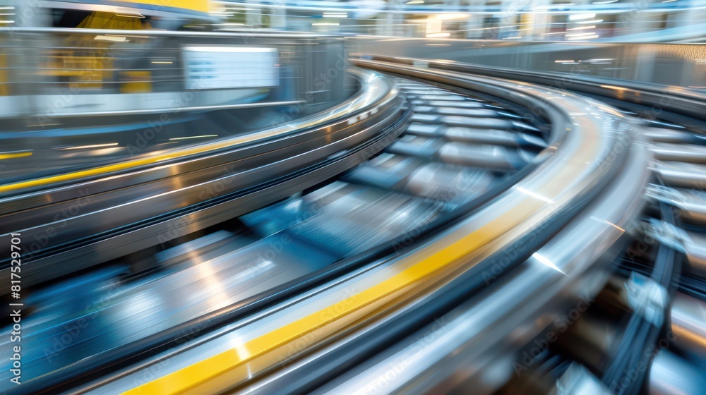 Poster a blurry image of a train track with a yellow stripe