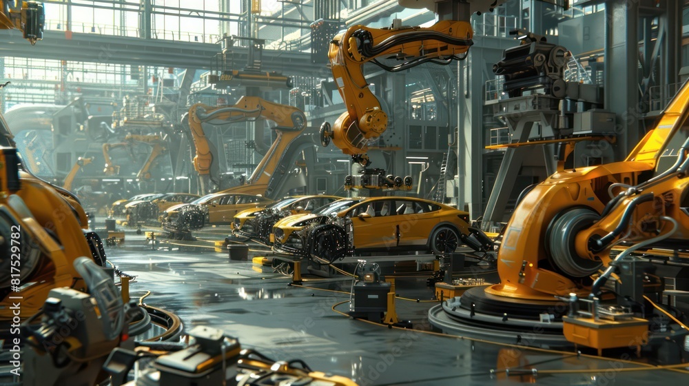 Poster a factory with robots working on cars