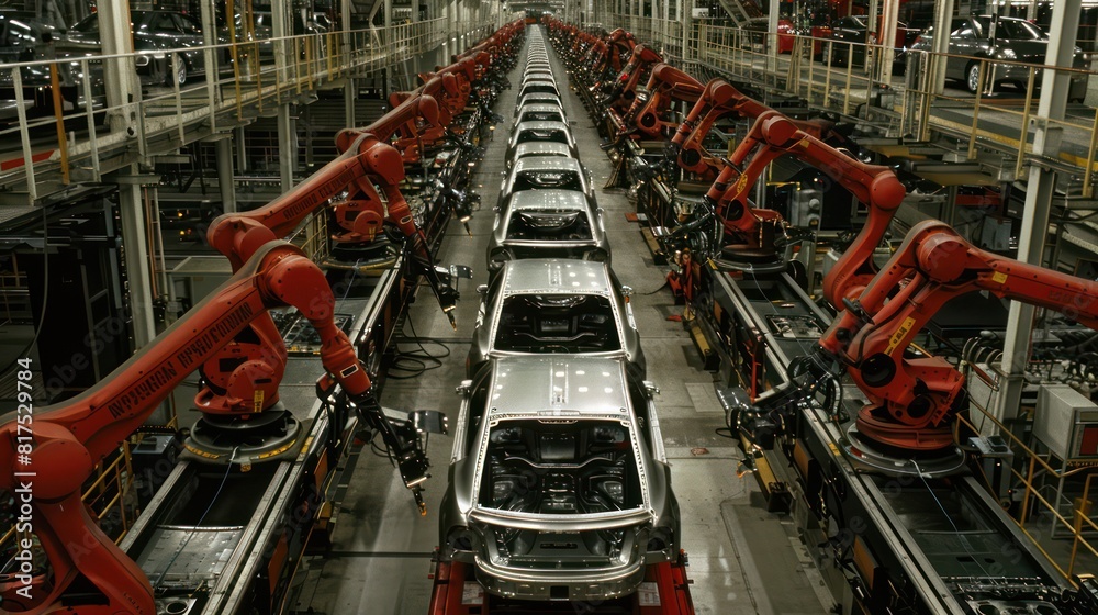 Aufkleber A line of robots are working on cars in a factory