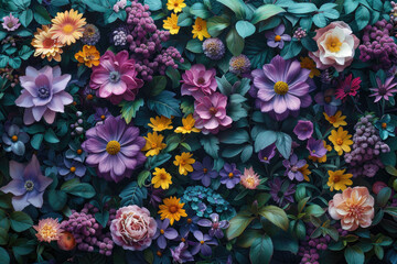 A rich tapestry of colorful flowers, including daisies and marigolds, is featured in the center with various shades of purple, blue green, yellow and orange blossoms. Created with Ai