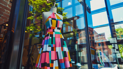 Playful fit-and-flare dress in a bold geometric print, displayed on a mannequin in a trendy boutique window, catching the eye of passersby with its vibrant colors and retro-inspired design.