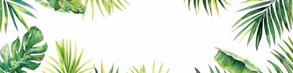 Fototapeta premium Watercolor illustration of isolated green palm leaves on a white background, copy space, banner