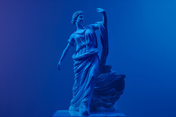 3d rendering of ancient greek -roman musician statue dancing . Creative concept colorful neon image with vivid cobalt blue color background, fashionable, trendy ,isolated background