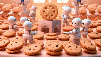 Obraz premium an illustration of a whimsical biscuit factory where cookies and biscuits of all shapes and sizes are made by playful animated characters