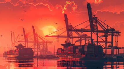 Obraz premium A sunset over a harbor with a large ship that says Usma on it