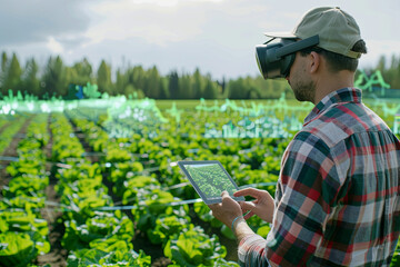 Farmers use tablets and visors to interact with a virtual cultivation environment superimposed on the real field, highlighting the effectiveness of these technologies