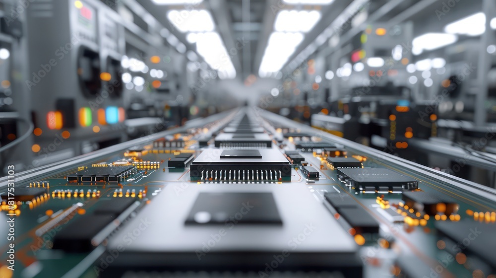 Aufkleber A computer chip is shown in a factory setting