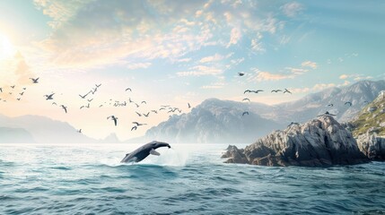 Whale Watching: Design a nature-inspired scene set on a rugged coastline overlooking the ocean