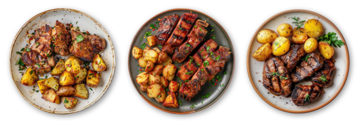 Plates with grilled meat with potatoes isolated on transparent background, top view