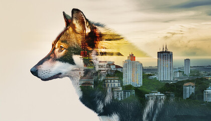 Obraz premium wolf with double exposure of cityscape and forest; digital art illustration, yellow, green,