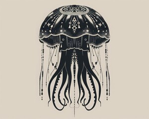 Black  silhouette jellyfish with graphic pattern. Marine-themed tattoo design. Medusa Print for clothes. stylized shape jellyfish  logo. Marine animals, the underwater world. World ocean day.