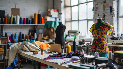 Interior of fashion designer studio room with various sewing items, fabrics and mannequins standing. 