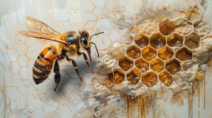 A bee is hovering over a honeycomb