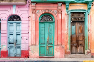 Fototapeta premium Fachadas coloridas y desgastadas de casas coloniales en una calle de La Habana, Cuba. Las puertas y los detalles arquitectónicos reflejan la historia y el encanto de la ciudad