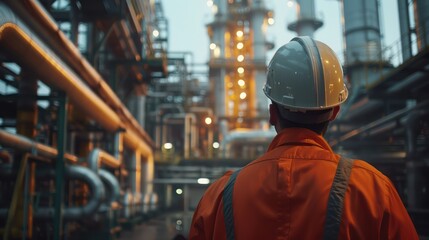 close-up of industrial pipes of oil refinery, back of engineer, technician, reading drawing, drawing, industrial engineering, blueprint, industrial background.