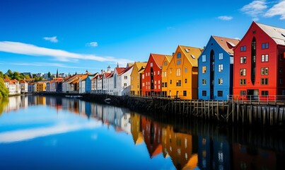Colorful houses on the waterfront in Trondheim, Norway.