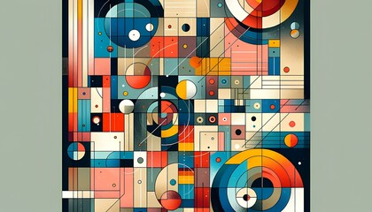 Obraz premium This image features an abstract art piece using basic geometric shapes like squares, triangles, and circles, with a mix of vibrant and muted colors to create balance and movement in the composition.