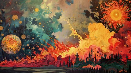 Obraz premium A dramatic scene of fire blazing in the sky, contrasting with the serene presence of the sun and clouds