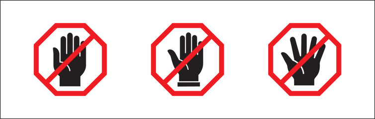 Stop hand icon. Polygon shape forbidden sign. Hand gesture restriction symbol. No entry signs. Vector graphic design template isolated on white background. Symbol of forbidden, restricted area, banned