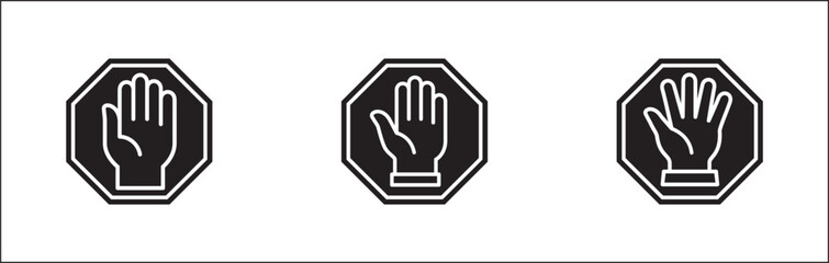 Hands icon set. Hand stop signs. Palm hand inside polygon sign. Raise hand sign. Hands gesture symbol. Vector graphic design illustration isolated in white background.