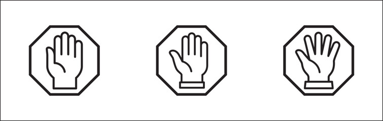 Hands icon set. Hand stop signs. Palm hand inside polygon sign. Raise hand sign. Hands gesture symbol. Vector graphic design illustration isolated in white background.