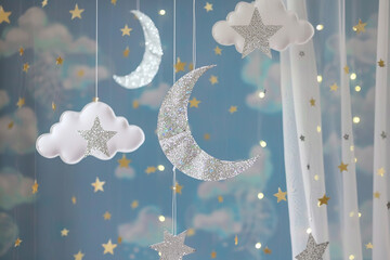 A celestial-themed banner shimmering with silver stars, crescent moons, and iridescent clouds, evoking dreams of moonlit birthday celebrations under the night sky. - Powered by Adobe