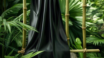 A simple black silk dress draped elegantly over a bamboo frame in a lush green garden, highlighting...