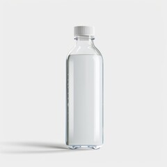 A clear plastic water bottle placed on a plain white background © keystoker