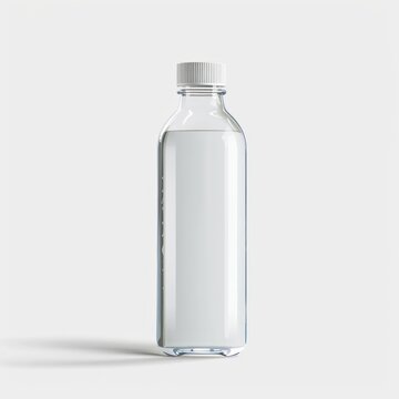 A clear plastic water bottle placed on a plain white background