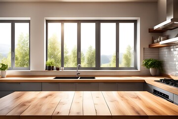Fototapeta premium Empty, beautiful, authentic wooden tabletop, window-view sunlight, modern kitchen interior background, product montage ready, ai, generative