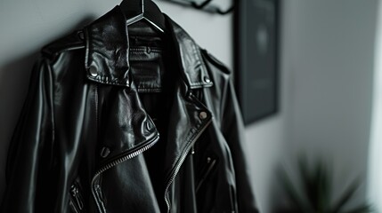 A black leather jacket hanging on a coat rack.