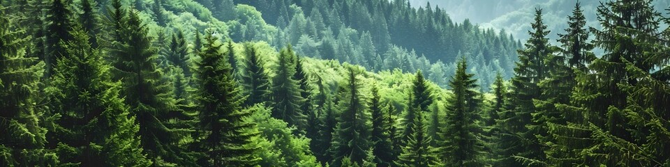 Fototapeta premium Healthy green trees in a forest of old spruce, fir and pine. landscape 