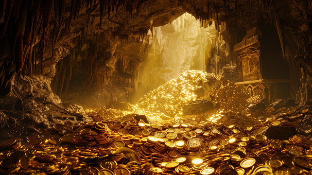 A large pile of gold coins and treasures hidden in a vast cave