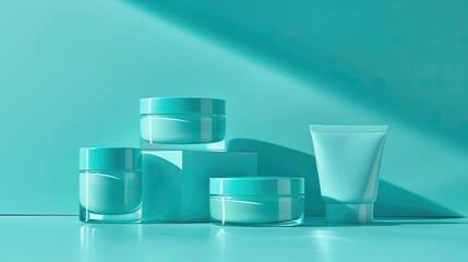 Minimalist cosmetic packaging mockup. Elegant skin care product presentation on turquoise background.